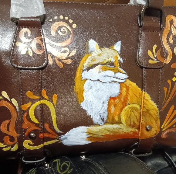 Unique HAND PAINTED Genuine LEATHER Brown *NWT* Handbag Orange Fox Gold Flowers - Picture 11 of 12